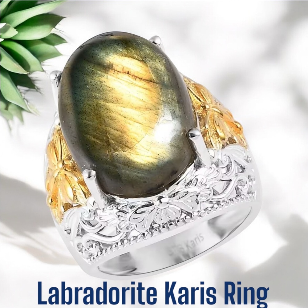 Karis Malagasy Blue Flash Labradorite Ring 18k YG Plated & Platinum Bond Sz 7.75